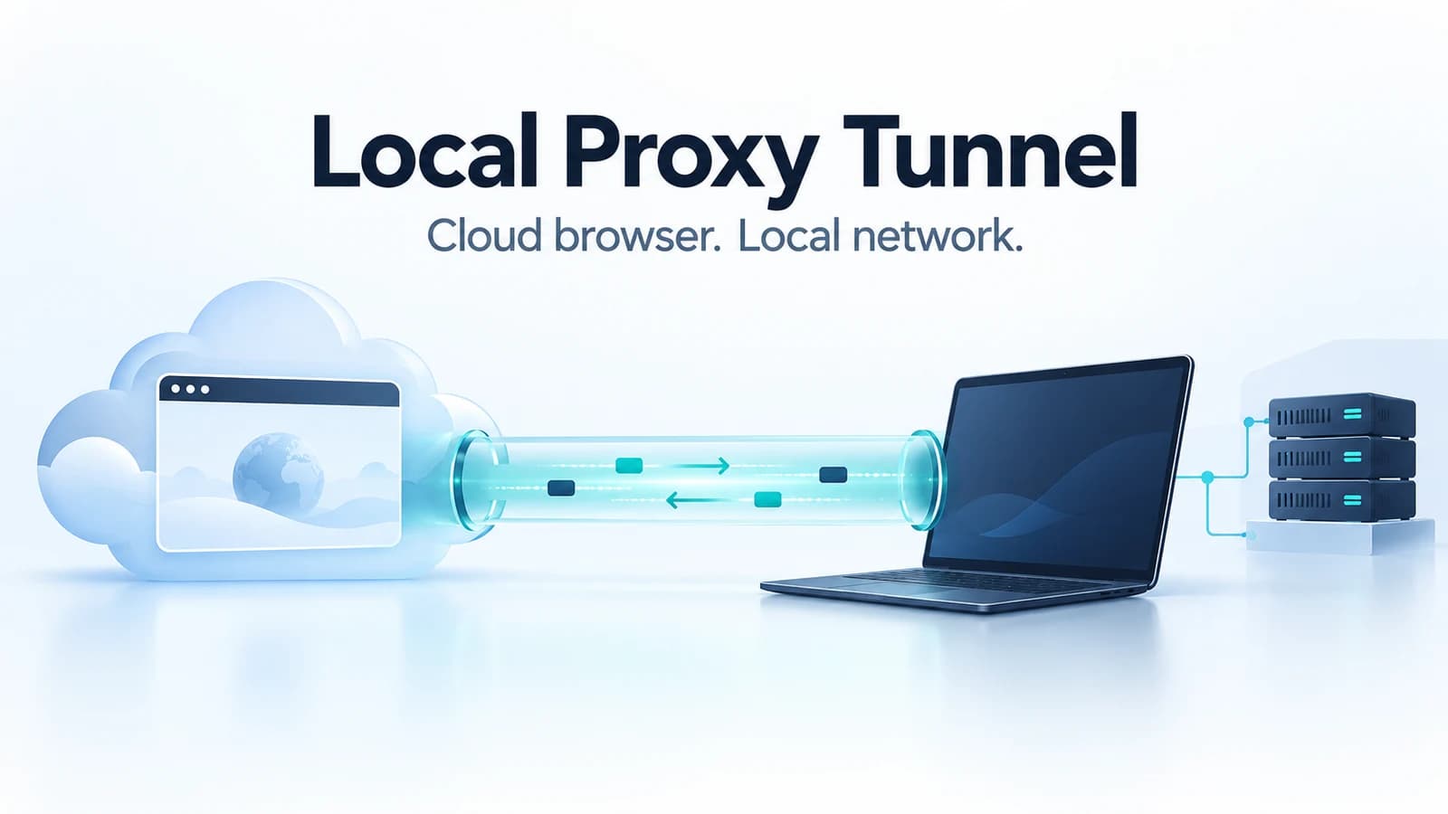 An animation comparing a failed direct request to a private network with a successful request through a local proxy tunnel