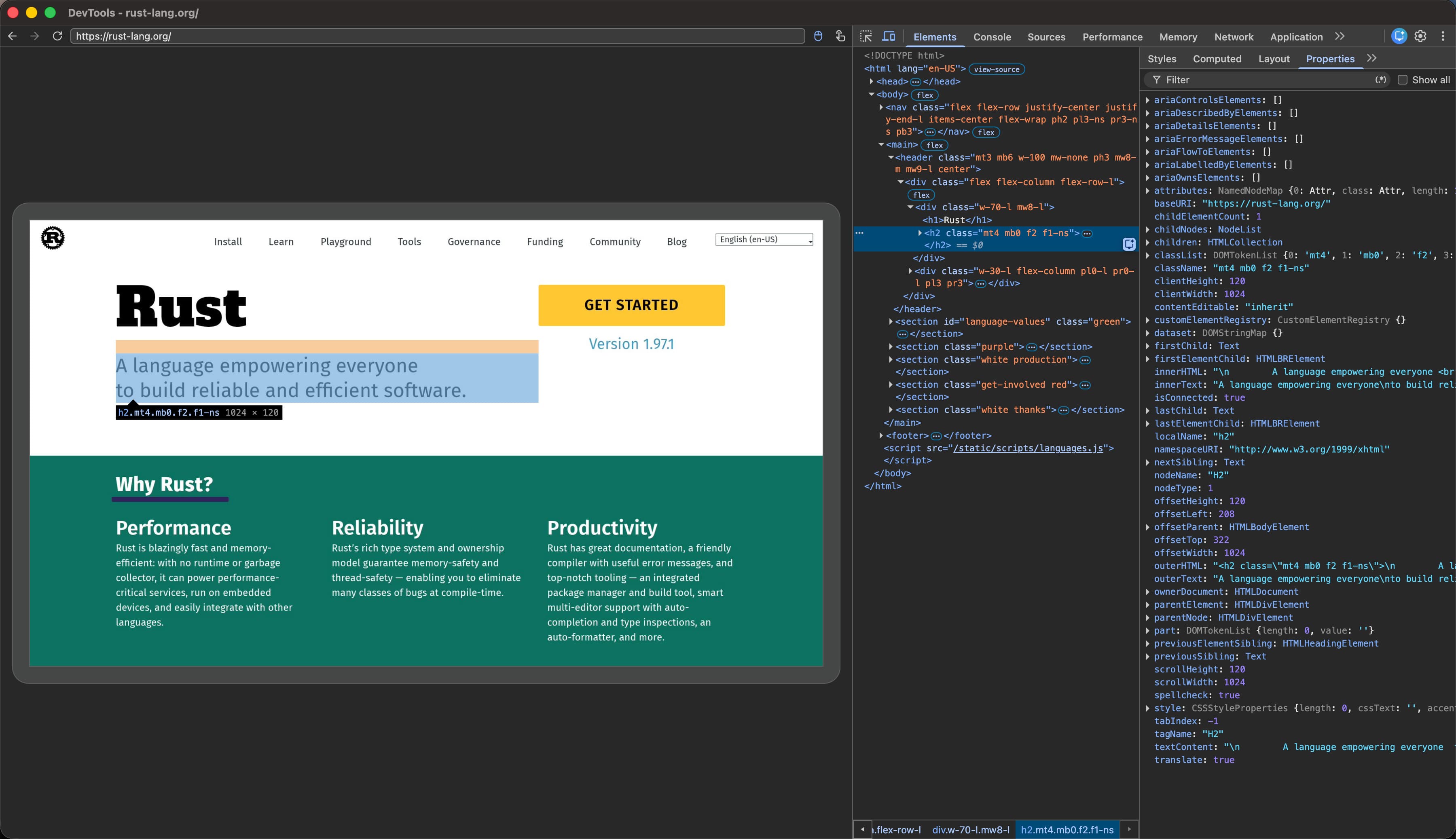 使用 Chrome DevTools 检查 Moli 中打开的 rust-lang.org