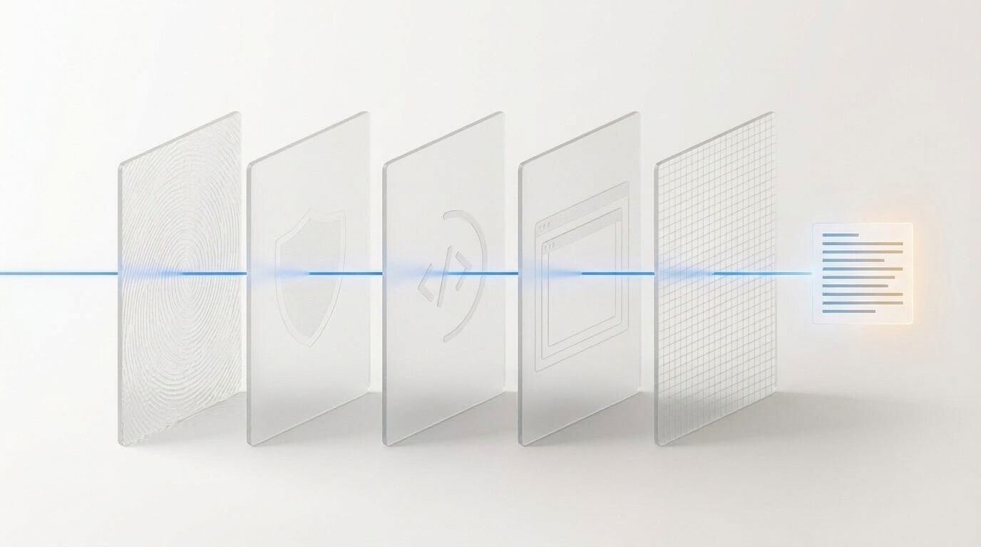 A beam of blue light leaves a URL and passes through five frosted-glass panels, showing a fingerprint, a shield, a code symbol, a nested window and a fine mesh, before turning into a neat Markdown text card